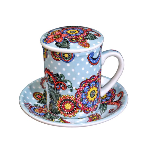 Tisana porcelana con plato y filtro diseño mandala colores mosaico