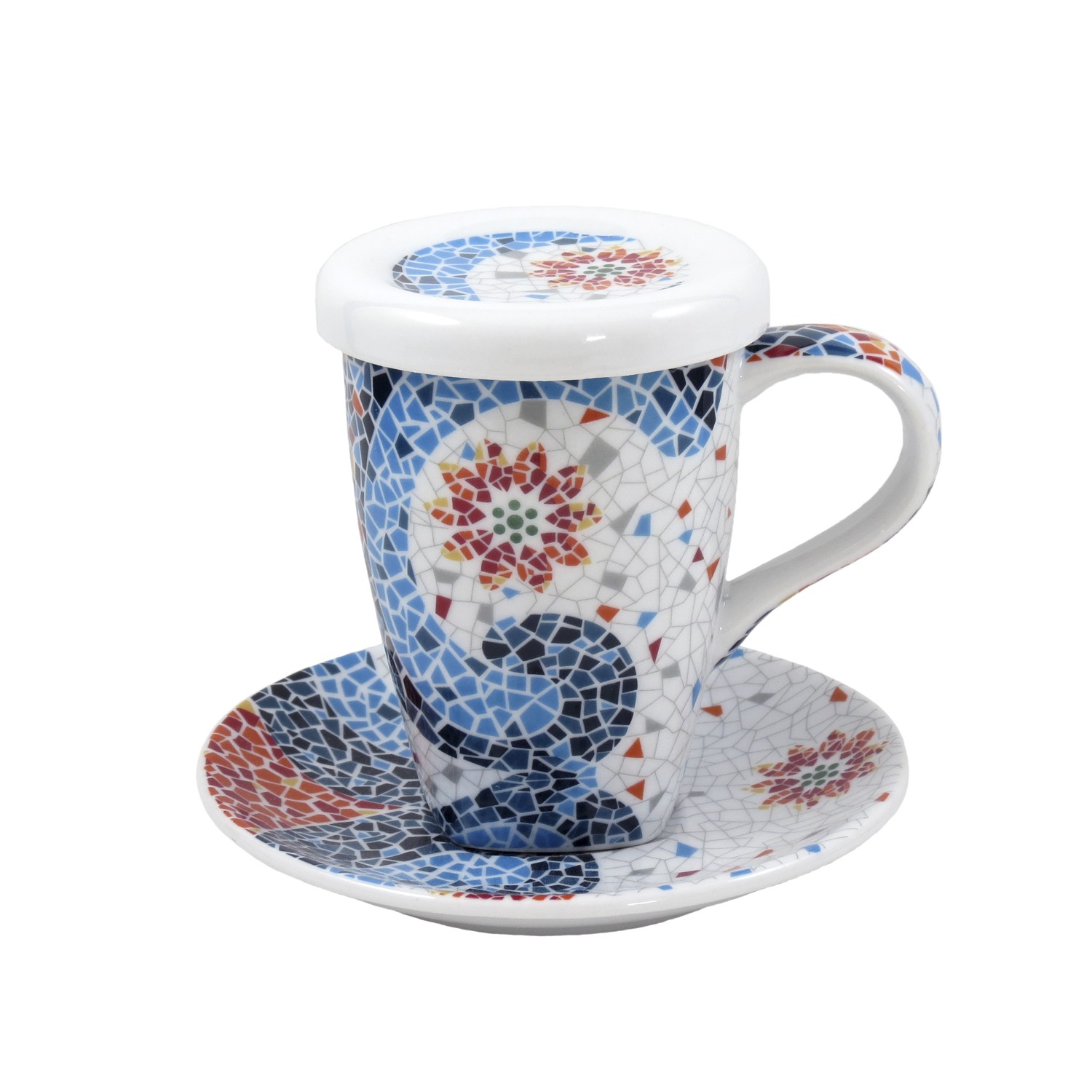 Tisana porcelana con plato y filtro diseño mandala colores mosaico